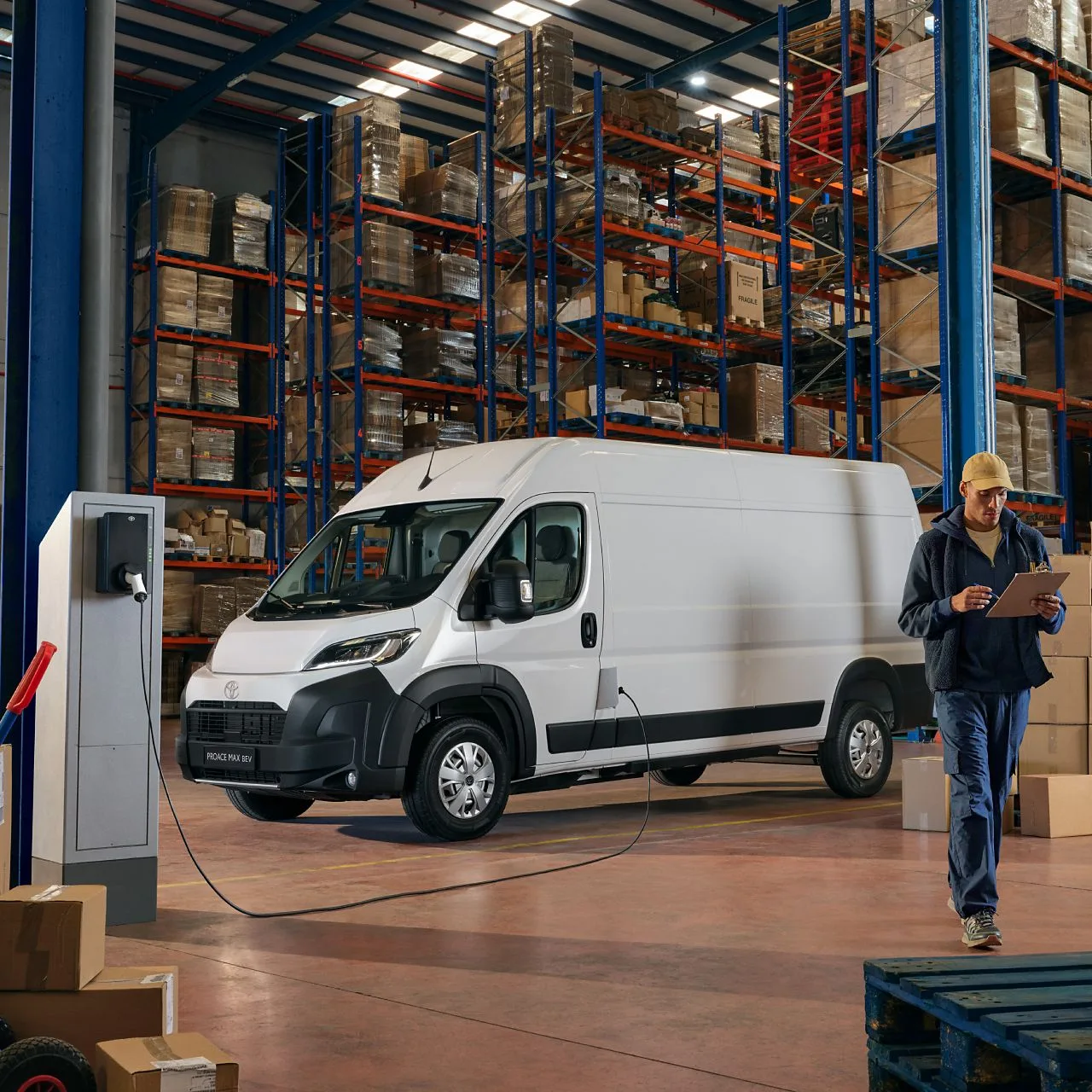 Toyota Proace Max Electric in een magazijn aan de laadpaal